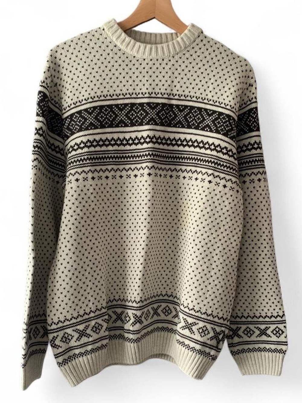 Chaps Cream and Black Patterned Crewneck Sweater size L fisherman cabin cottage